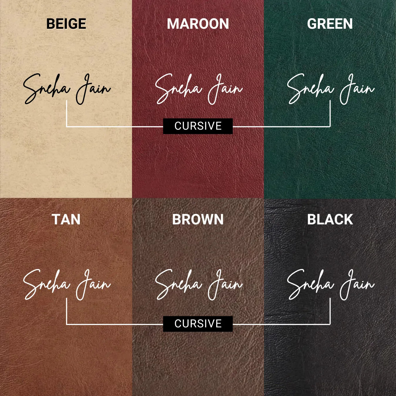 Pouch color options in beige, red, green, black.