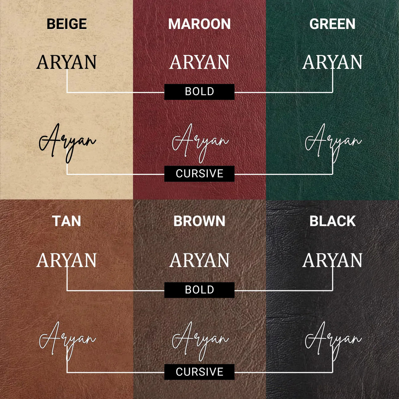 Engraving styles shown on different pouch colors.