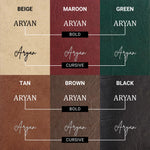 Engraving styles shown on different pouch colors.
