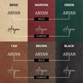Engraving styles shown on different pouch colors.