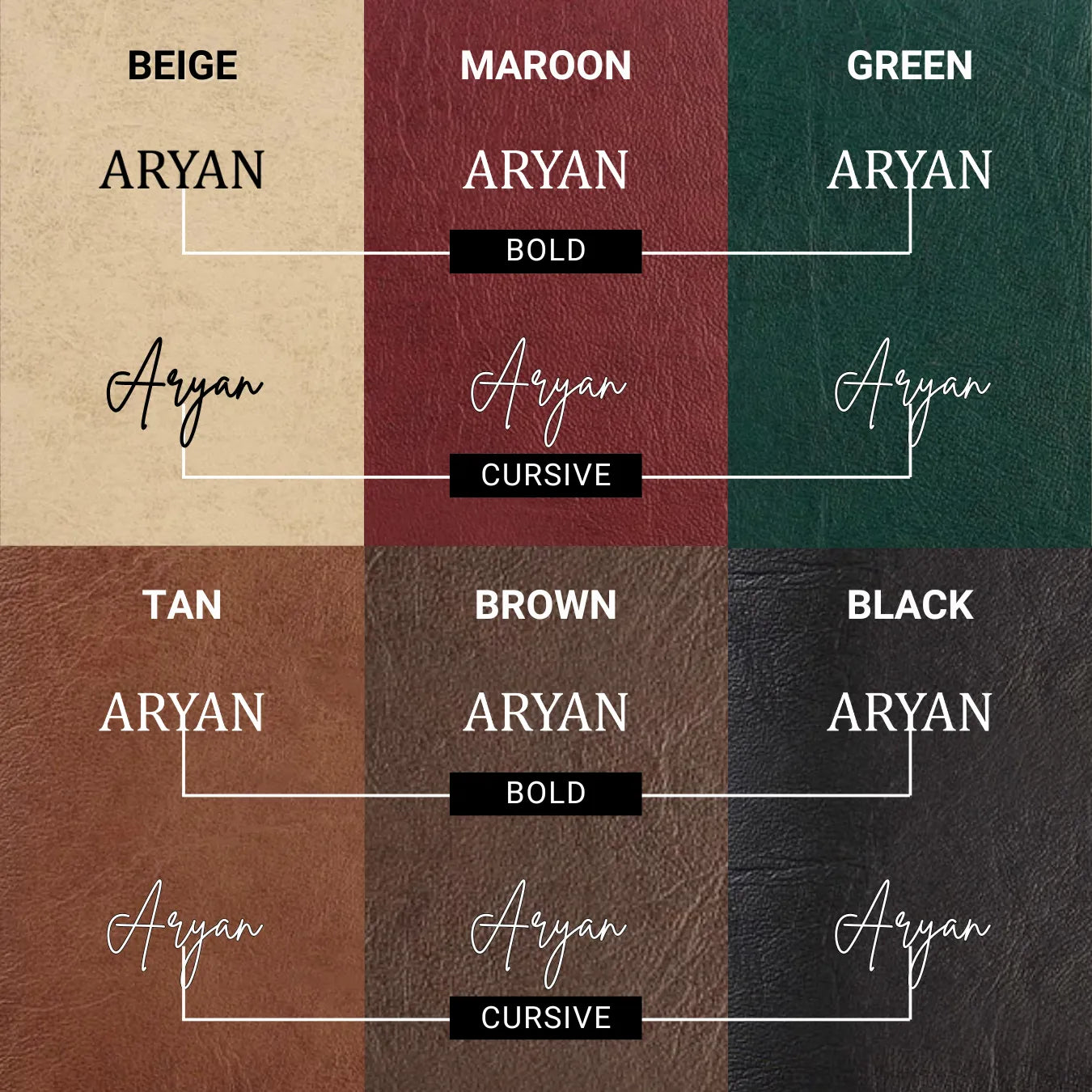 Engraving styles shown on different pouch colors.