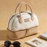 Beige weekender bag on the table