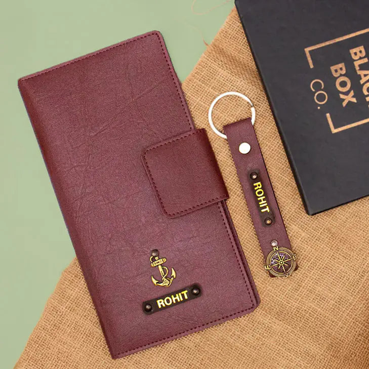 Personalized Maroon Travel Wallet & Keychain with Name "Rohit"