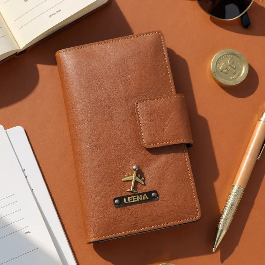 Brown travel wallet flatlay
