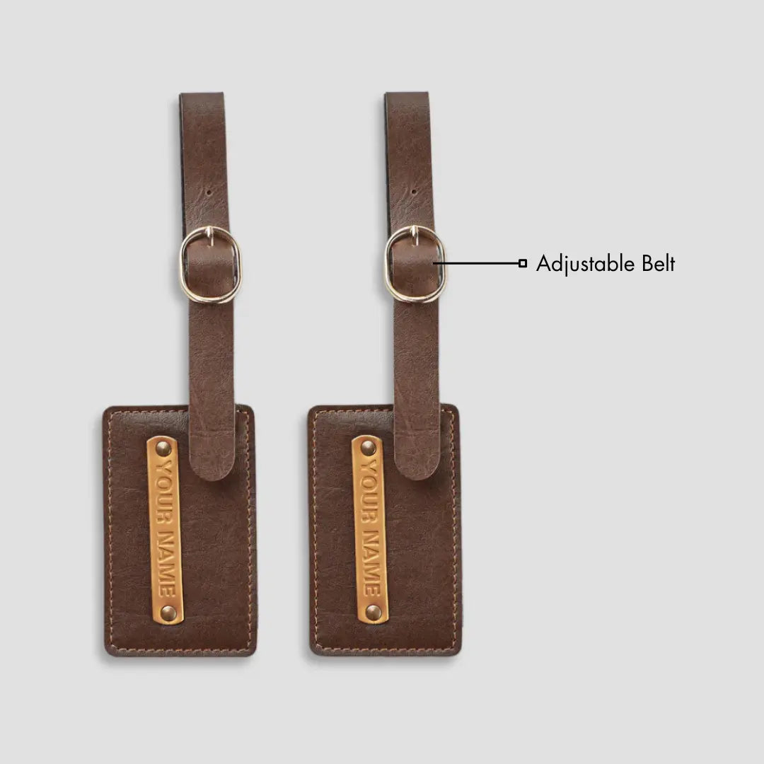 Personalized brown luggage tags with adjustable straps