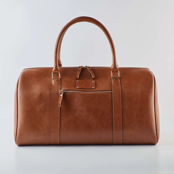 Tan duffel bag with handles and front zipper