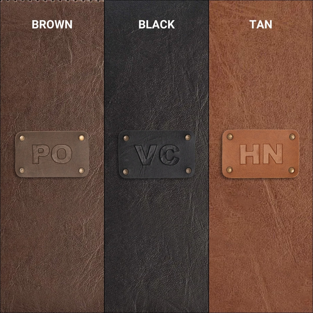 Brown, black, and tan leather colour options with personalised initials