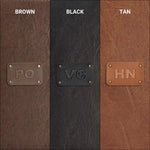 Brown, black, and tan leather colour options with personalised initials