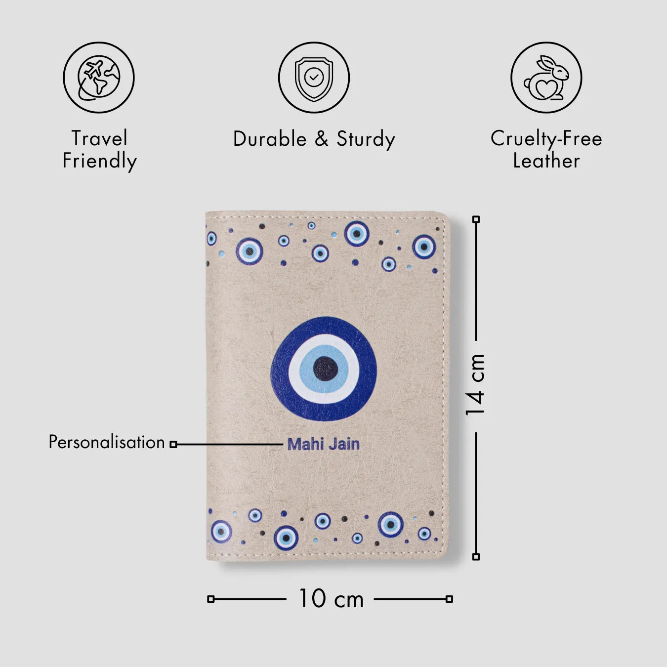 Beige travel wallet with evil eye