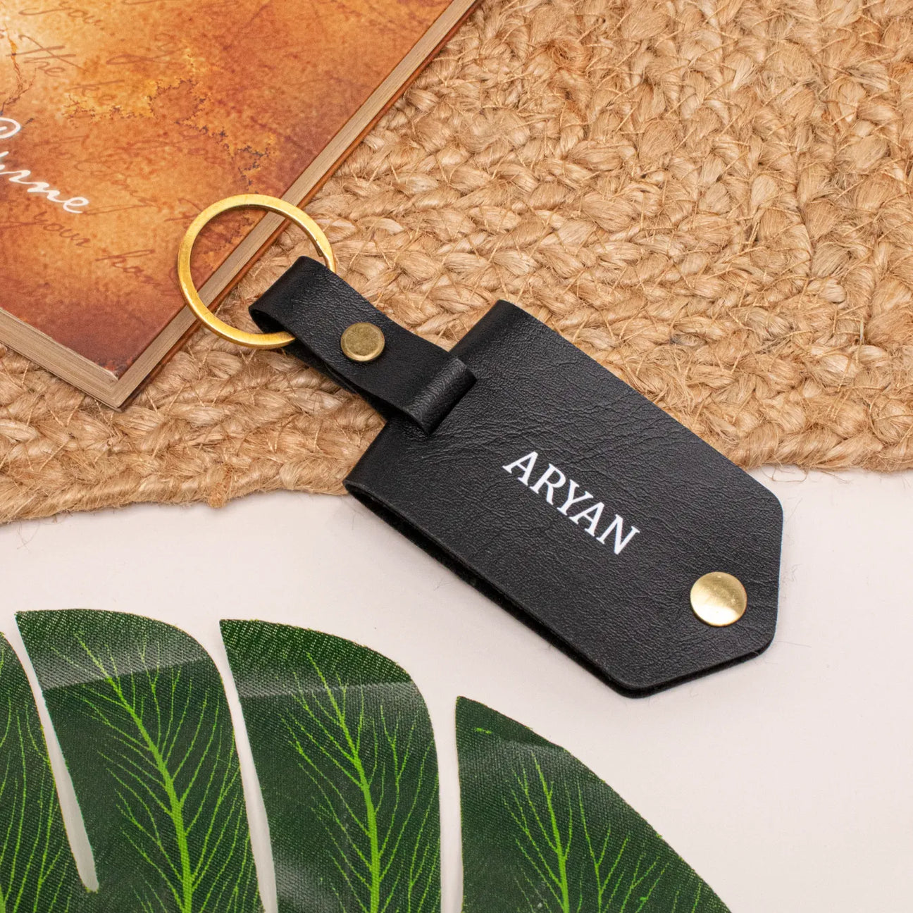 Personalised black leather keychain