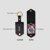 Personalised black leather keyring with photo insert shown open and closed