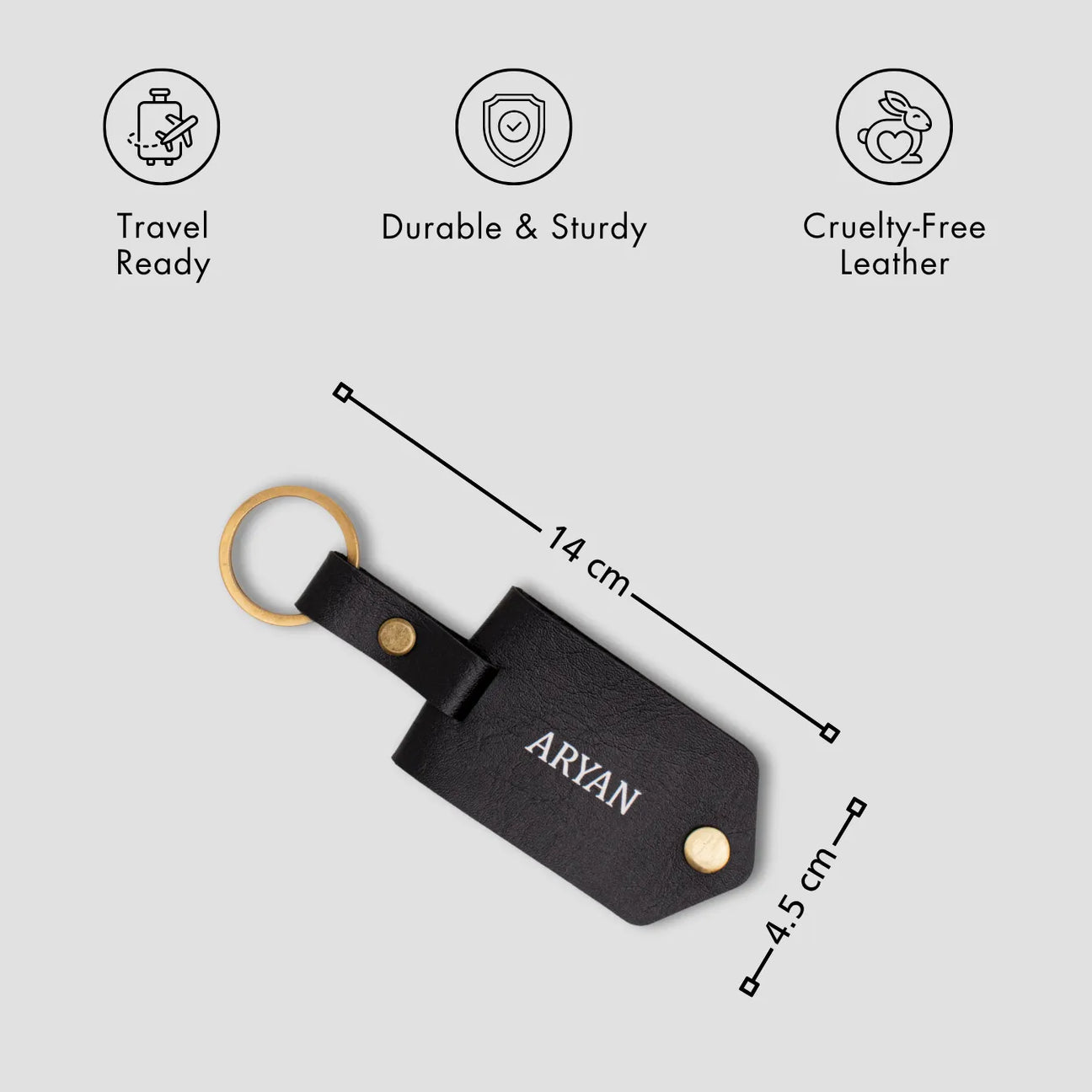Personalised black leather keychain with features