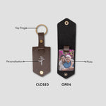 Personalised brown leather keyring with photo insert shown open and closed