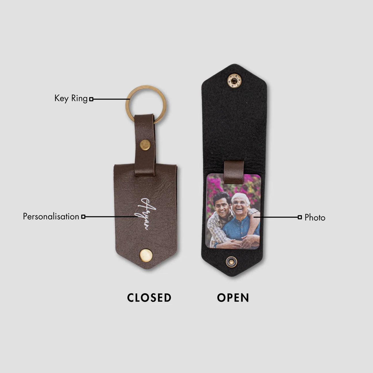 Personalised brown leather keyring with photo insert shown open and closed