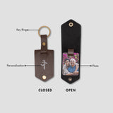 Personalised brown leather keyring with photo insert shown open and closed