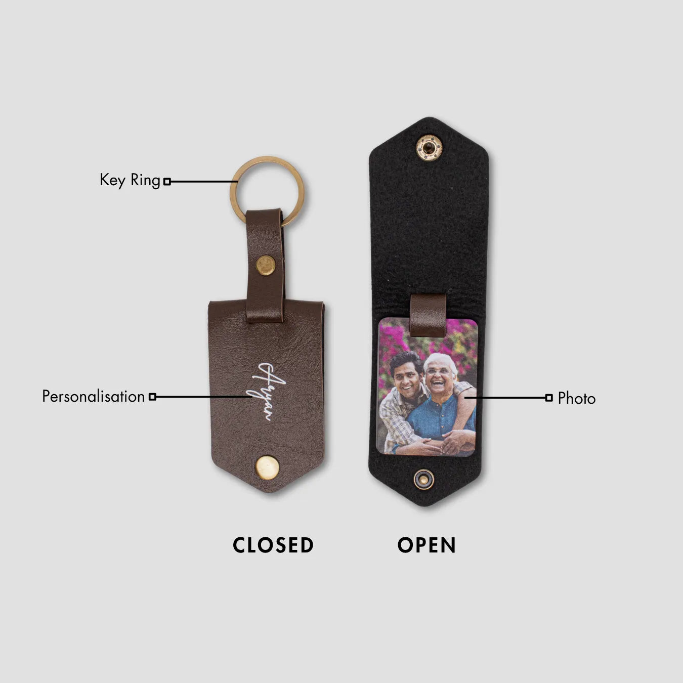 Personalised brown leather keyring with photo insert shown open and closed