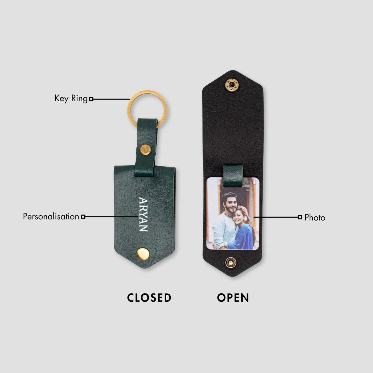 Personalised green leather keyring with photo insert shown open and closed