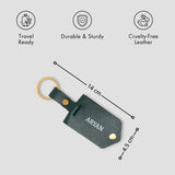 Personalised green leather keychain with features
