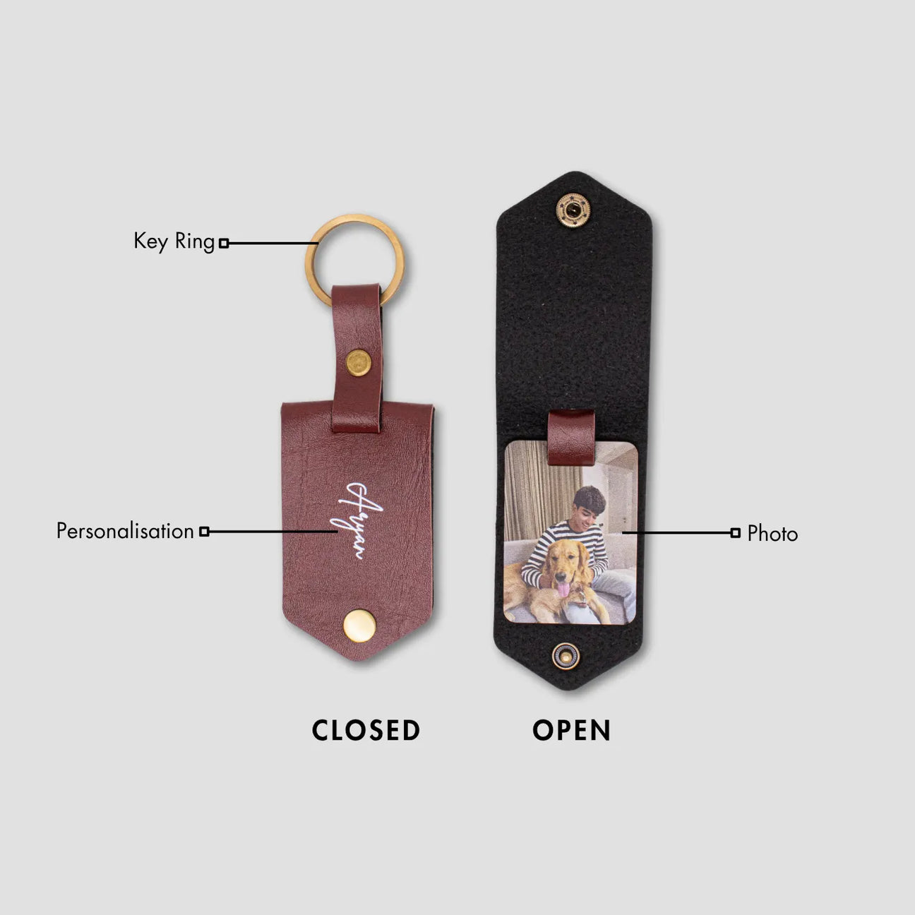 Personalised maroon leather keyring with photo insert shown open and closed