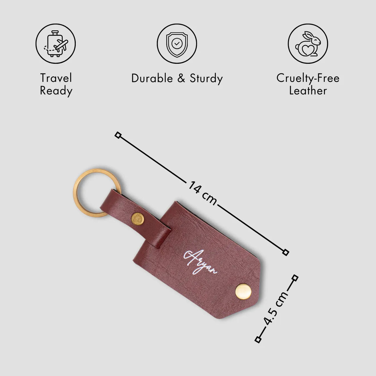 Personalised maroon leather keychain with features