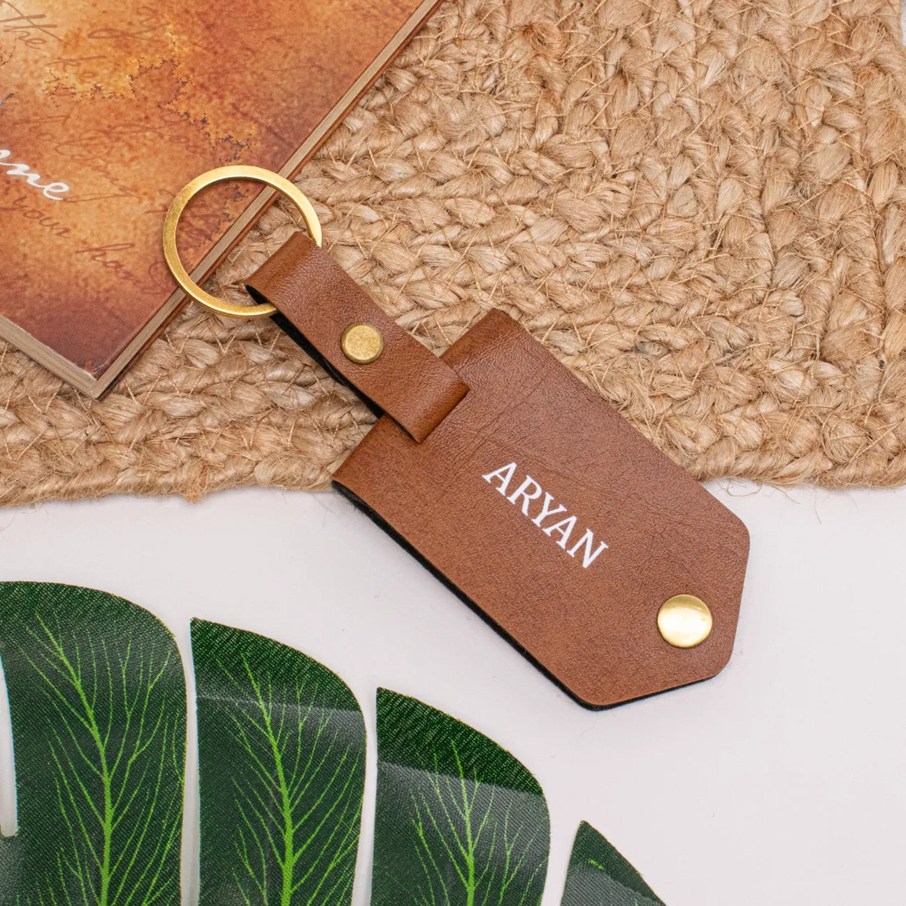 Personalised tan leather keychain