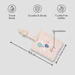 Beige personalised luggage tag with size details
