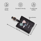 Black personalised luggage tag with size details