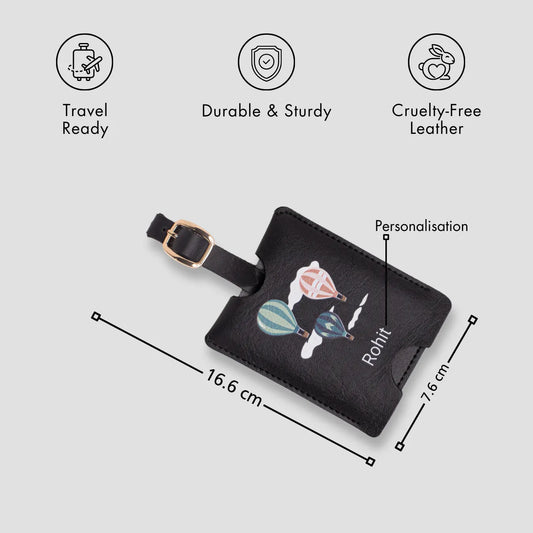 Black personalised luggage tag with size details