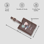 Brown personalised luggage tag with size details