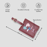 Maroon personalised luggage tag with size details