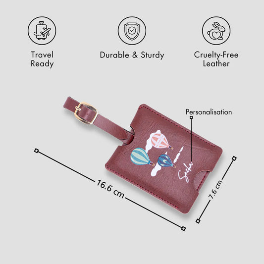 Maroon personalised luggage tag with size details