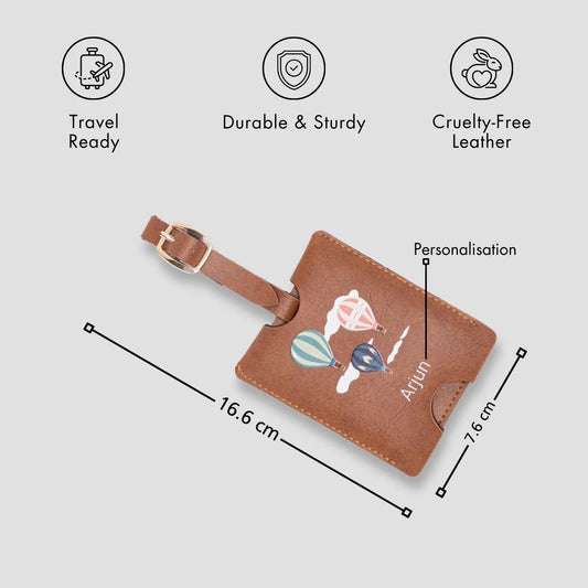 Tan personalised luggage tag with size details