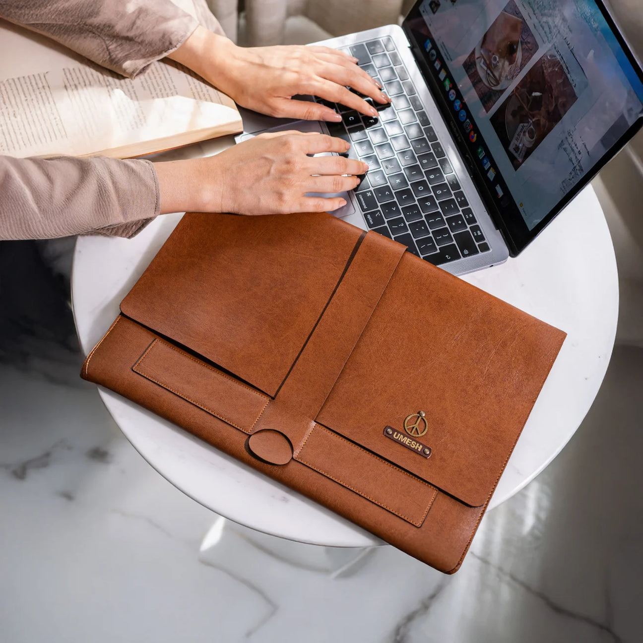 Brown leather laptop sleeve