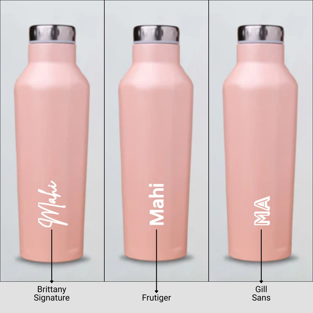 Personalized pink custom water bottles with different name fonts