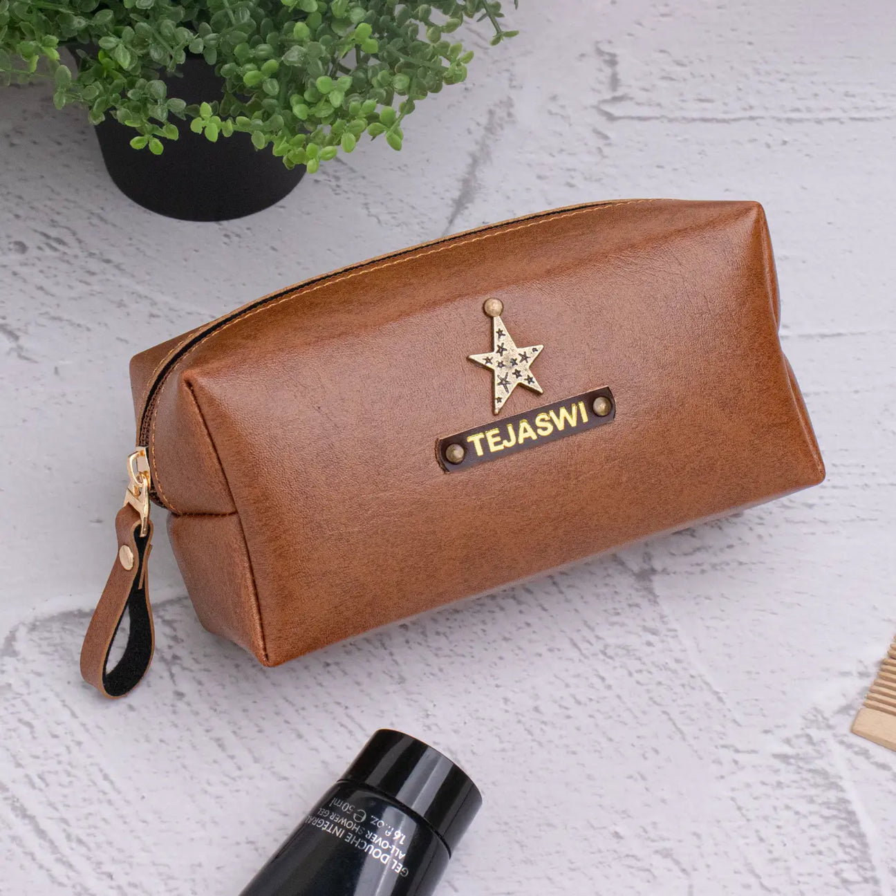 Tan mini travel pouch