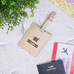 Beige personalized luggage tag with name