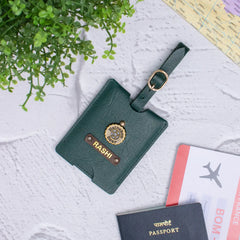 Green personalized luggage tag with name