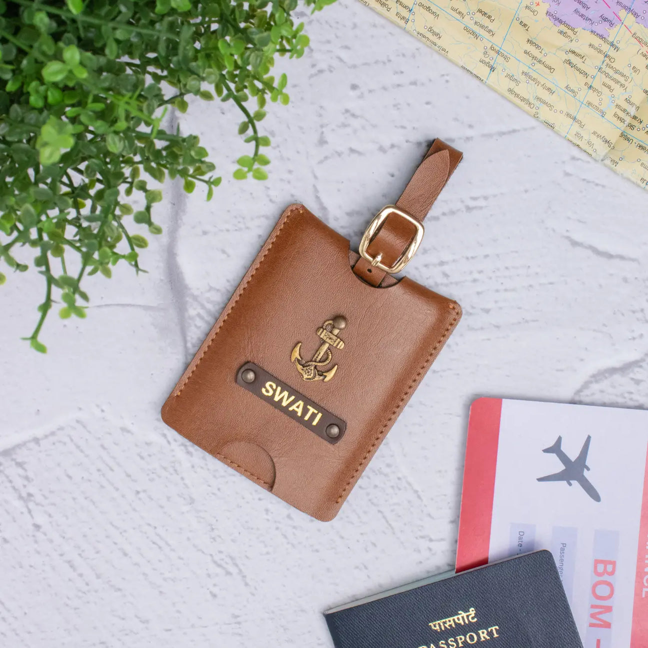 Tan personalized luggage tag with name