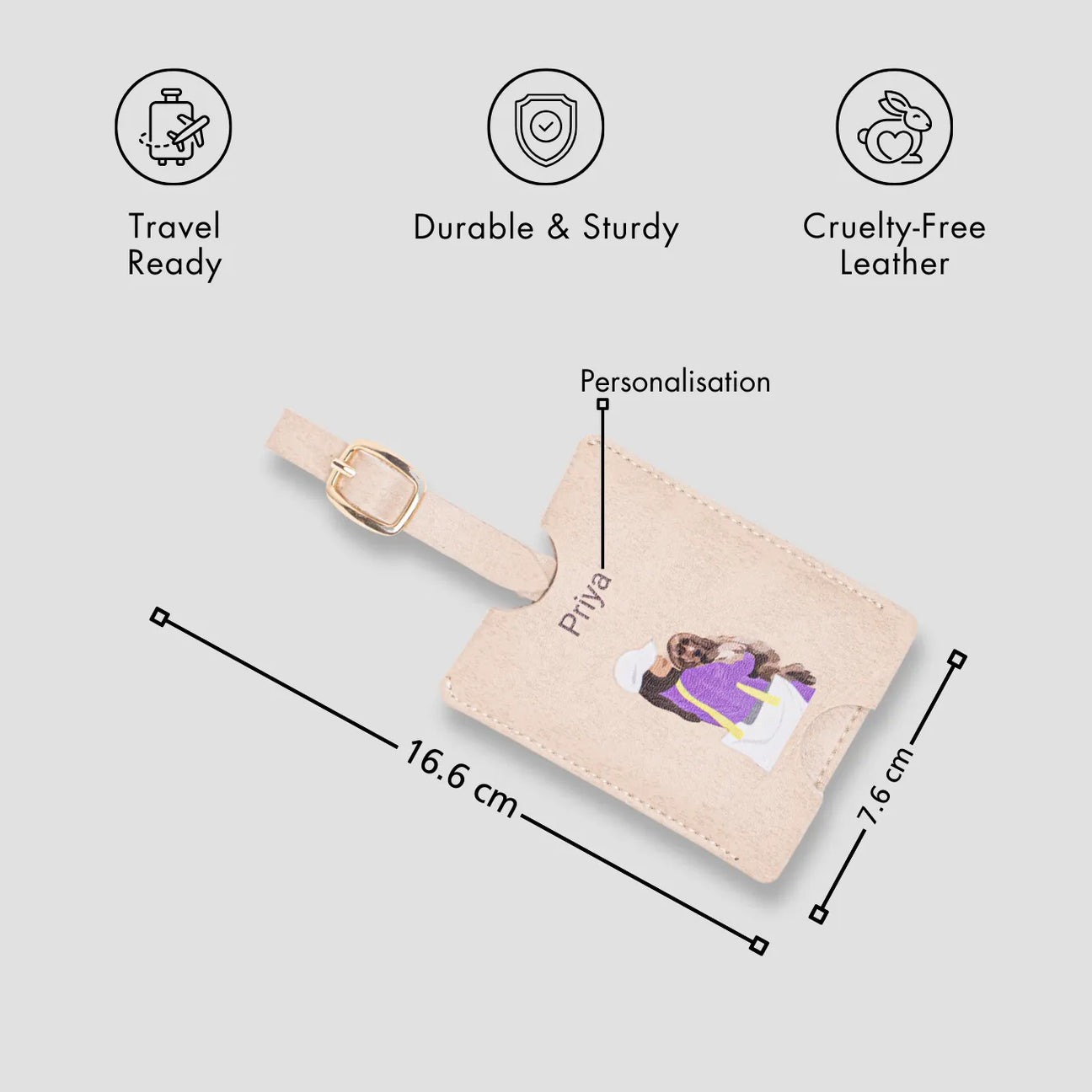 Beige personalised luggage tag with size details