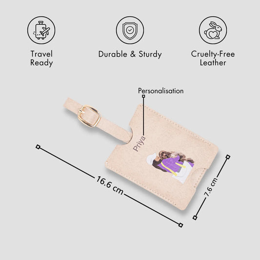 Beige personalised luggage tag with size details