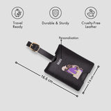 Black personalised luggage tag with size details
