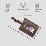 Brown personalised luggage tag with size details