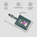 Green personalised luggage tag with size details