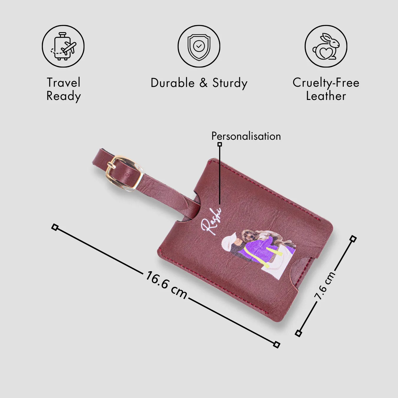 Maroon personalised luggage tag with size details