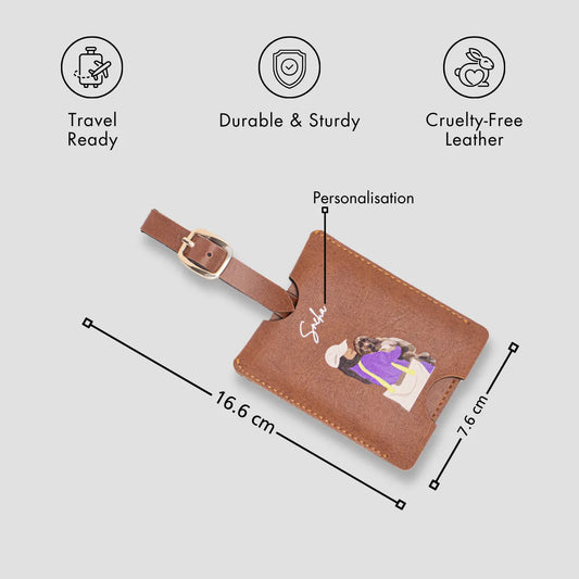 Tan personalised luggage tag with size details