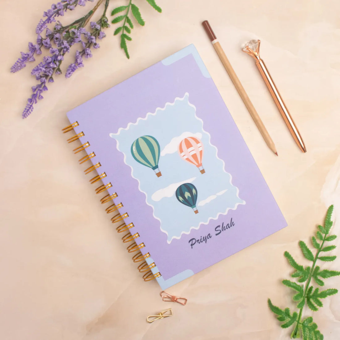 Hot air balloon notebook with name 'Priya Shah'