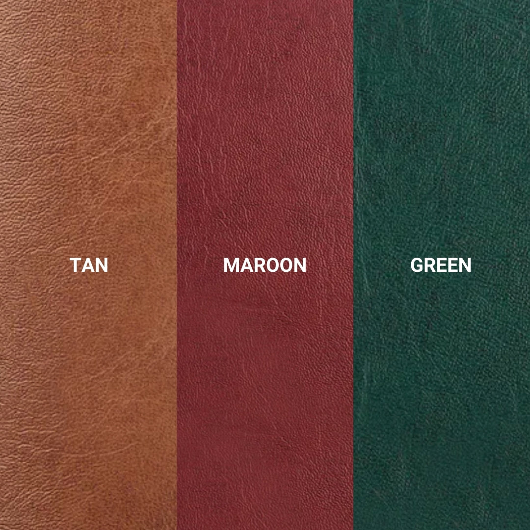 Tan, maroon, and green leather colour options