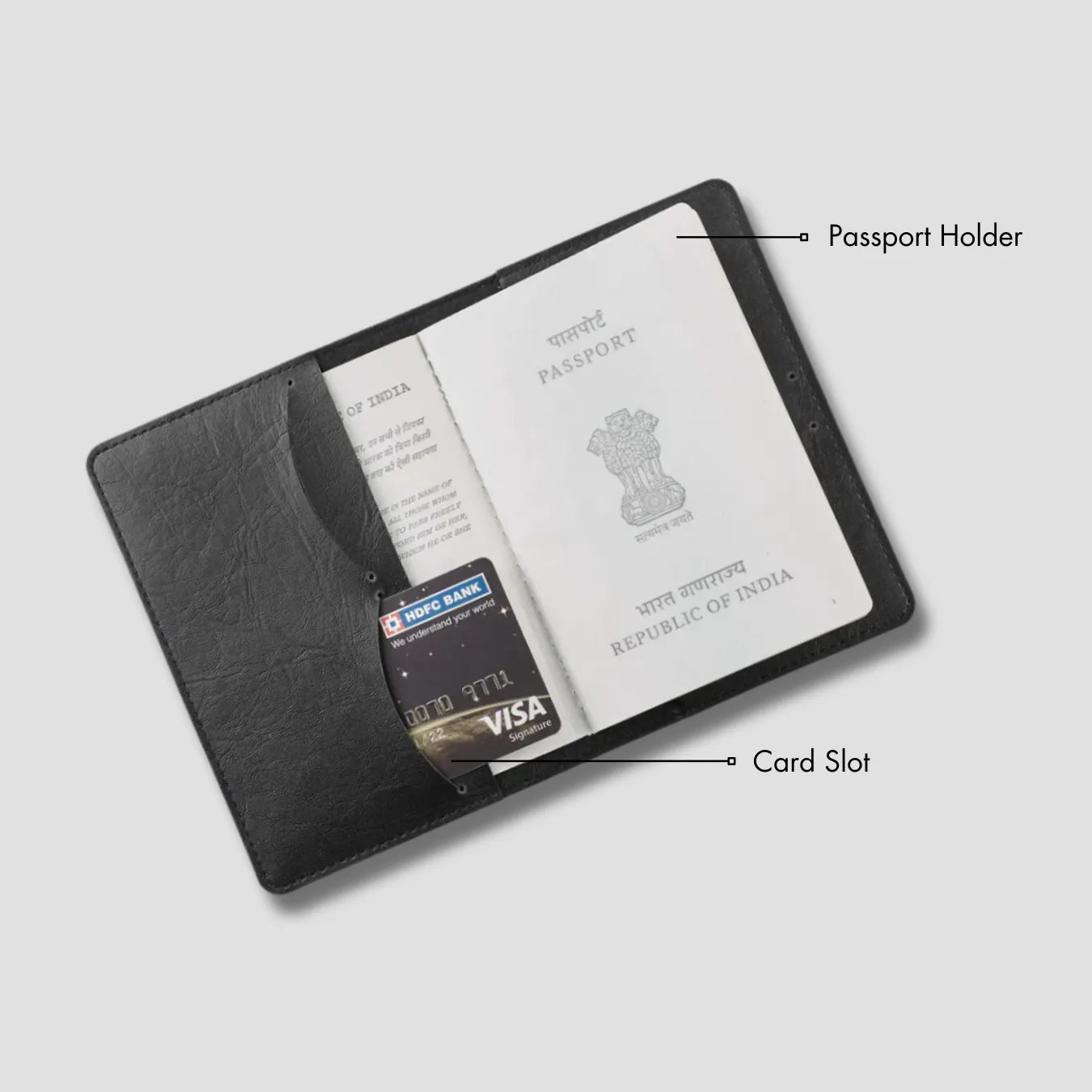 Black passport holder with card slot