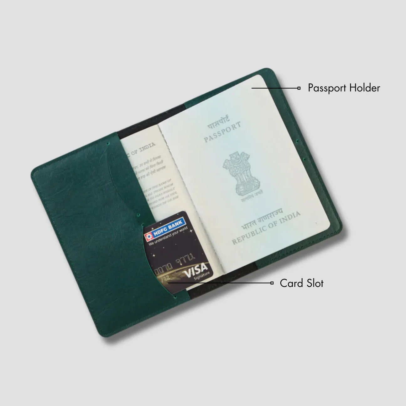 Green passport holder with card slot
