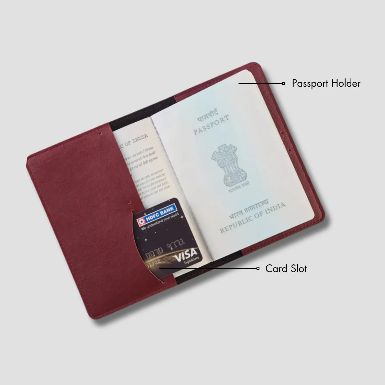 Maroon passport holder with card slot